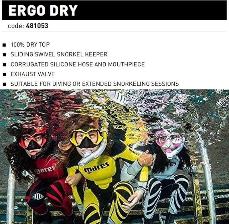 Unisex Adults Ergo Dry Snorkel - Durable Lightweight Scuba Diving & Snorkeling Gear with Dry Top & Ergonomic Mouthpiece